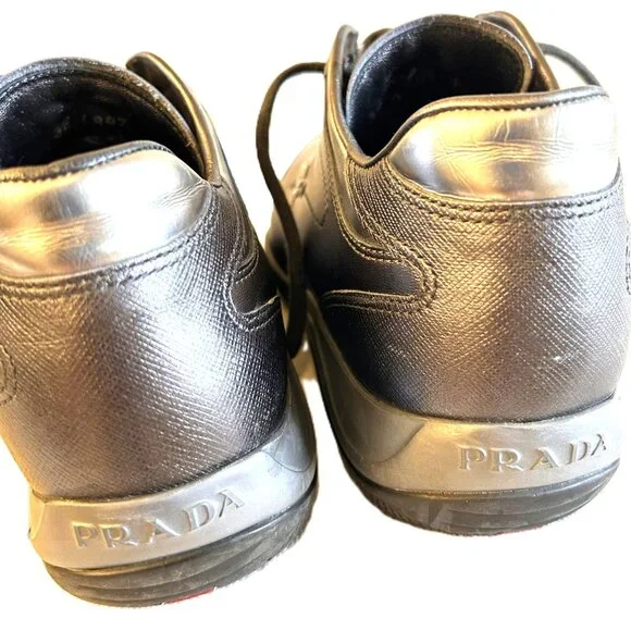 Authentic Prada Women Silver and Gray Leather Sneaker EU 38.5 Made in Italy - Picture 10 of 10